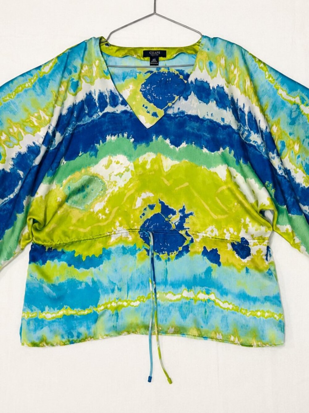 Chaps Blue Green Abstract Kimono Sleeve Drawstring V Neck Blouse Size Small